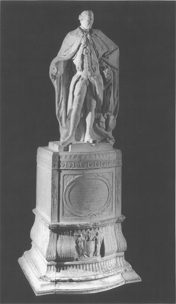 The statue of Lord Botetourt is placed over a well sculpted pedestal.