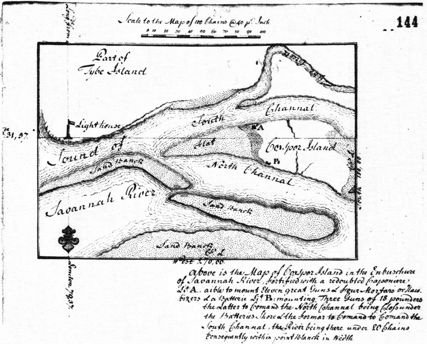 The part of the Cockspur island in the huge Tybee island is portrayed in a map. The sketch of the Cockspur island in the Savannah River located between its North channel and the South channel is shown. The lighthouse located on the other side of the River is marked. A handwritten note is located below the map about the location of the island.