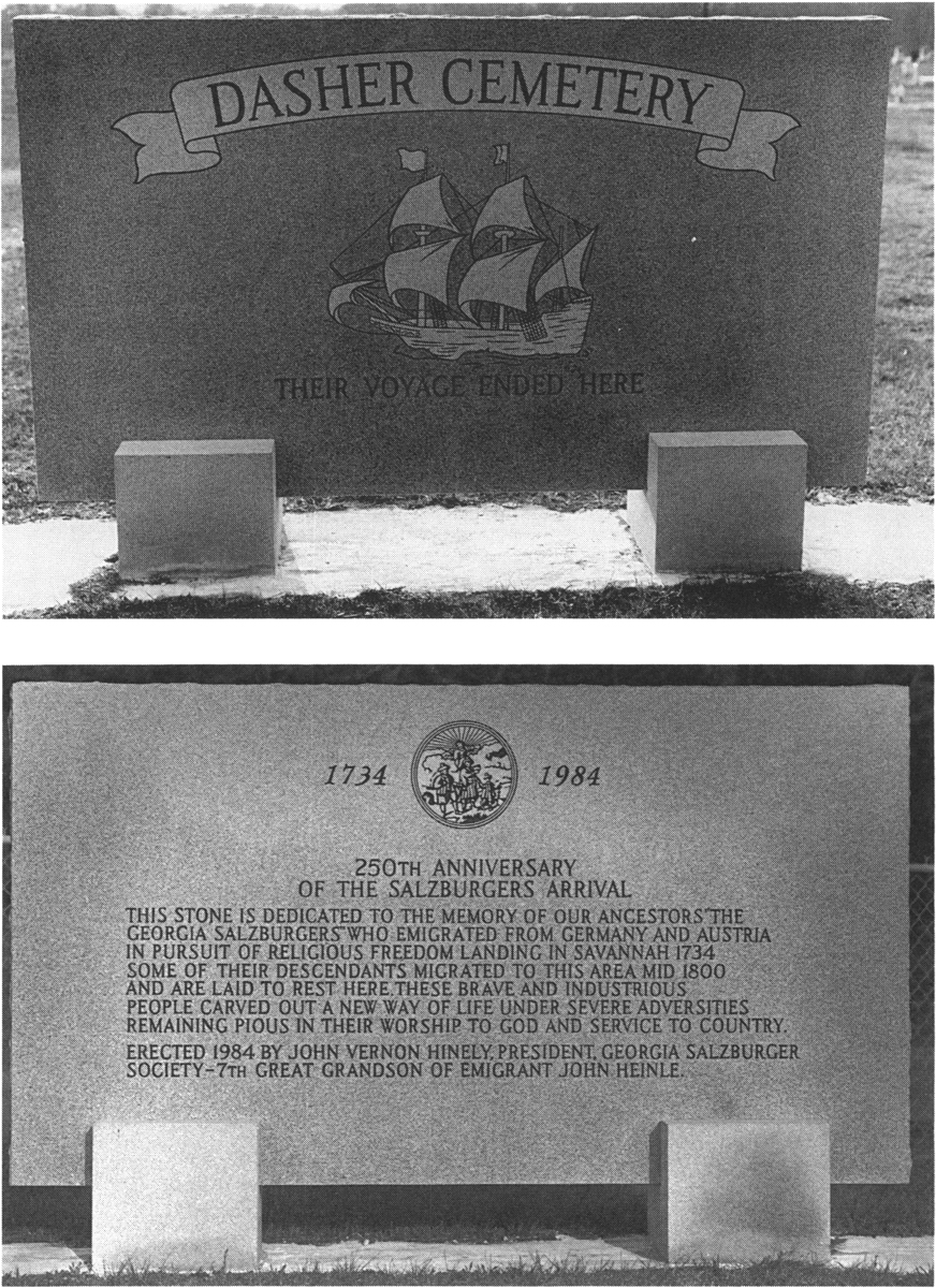 Photographs of the monuments commemorating the early Salzburgers. The first monument has a picture of a sailing ship with the text “Dasher cemetery, their voyage ended here.” The second monument depicts the memory note dedicated to Salzburgers.