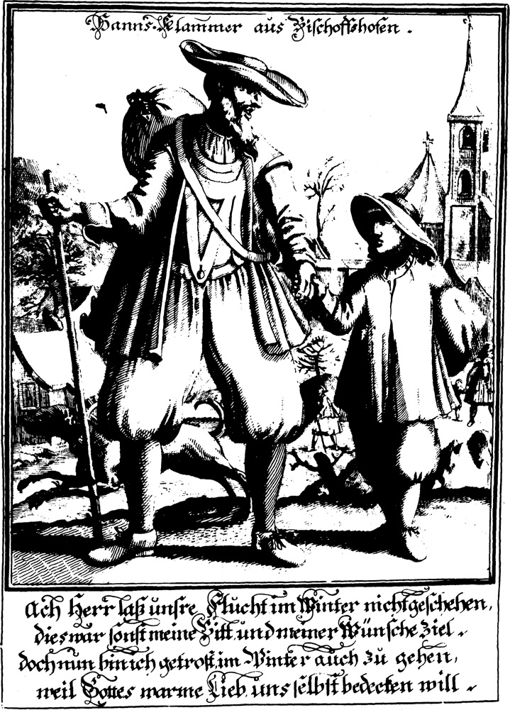 An etching shows a bearded man and a boy in a street; both wear hats. The man carrying a bag on his back and holds a stick in his right. The boy is carrying a bag on his left. The boy holds the man’s hand as they walk. The title on the top and accompanying text at the bottom are in Persian dialect.