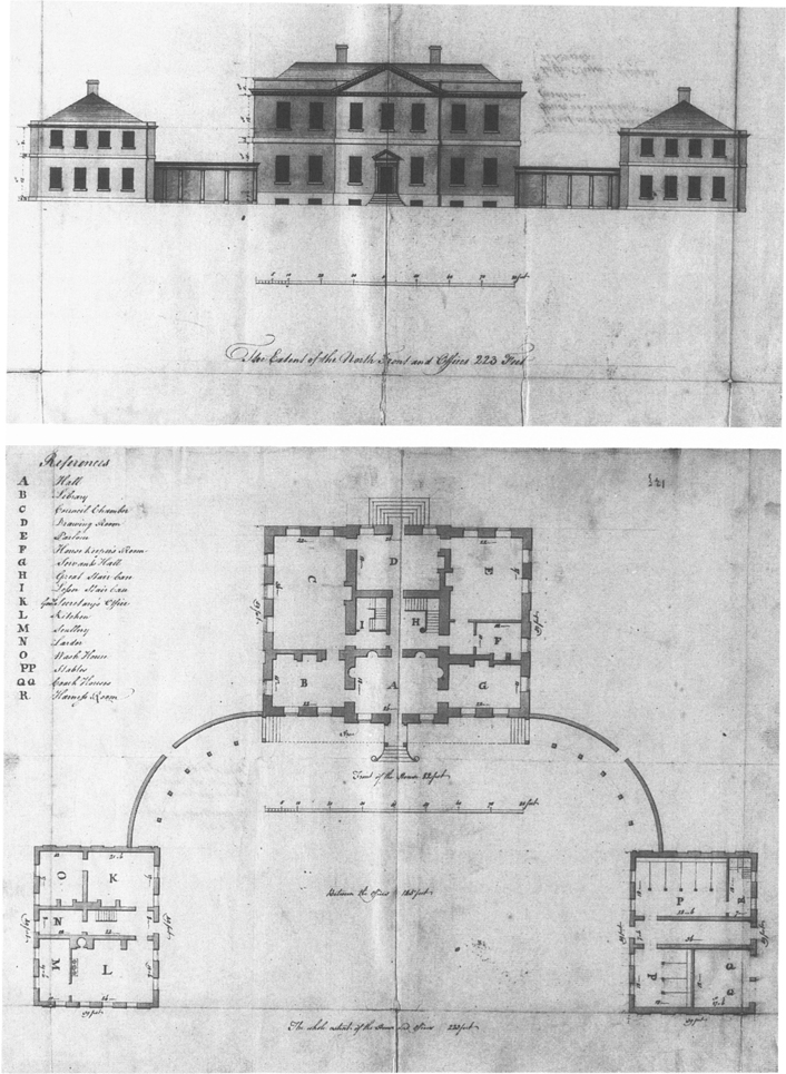 Two sketches of the Tyron’s Palace is shown. The top-view of the plan to the Tyron’s Palace and a sketch of the elevated structure of the Tyron’s Palace are shown. The plan labels each room in the building by alphabets. The structure of the building consists of a huge block in the center, connecting with two other smaller blocks of buildings on either side.