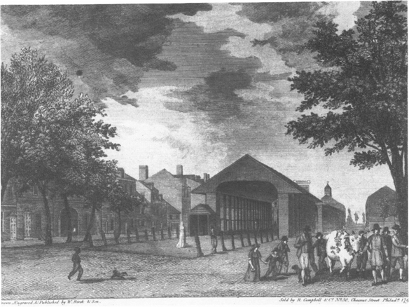 An engraving of the people standing with a cow outside the Philadelphia Market.