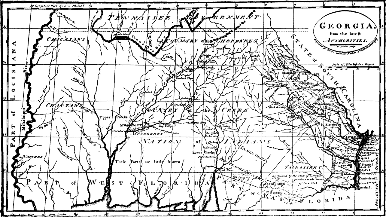 A map portraying Georgia is shown. A map of Georgia marking the areas surrounding its boundaries is shown. The places marked in the map include Tennessee, Country of the Greek, Nation of the Indians, Part of West Florida, Part of East Florida, Part of Louisiana, and State of South Carolina.