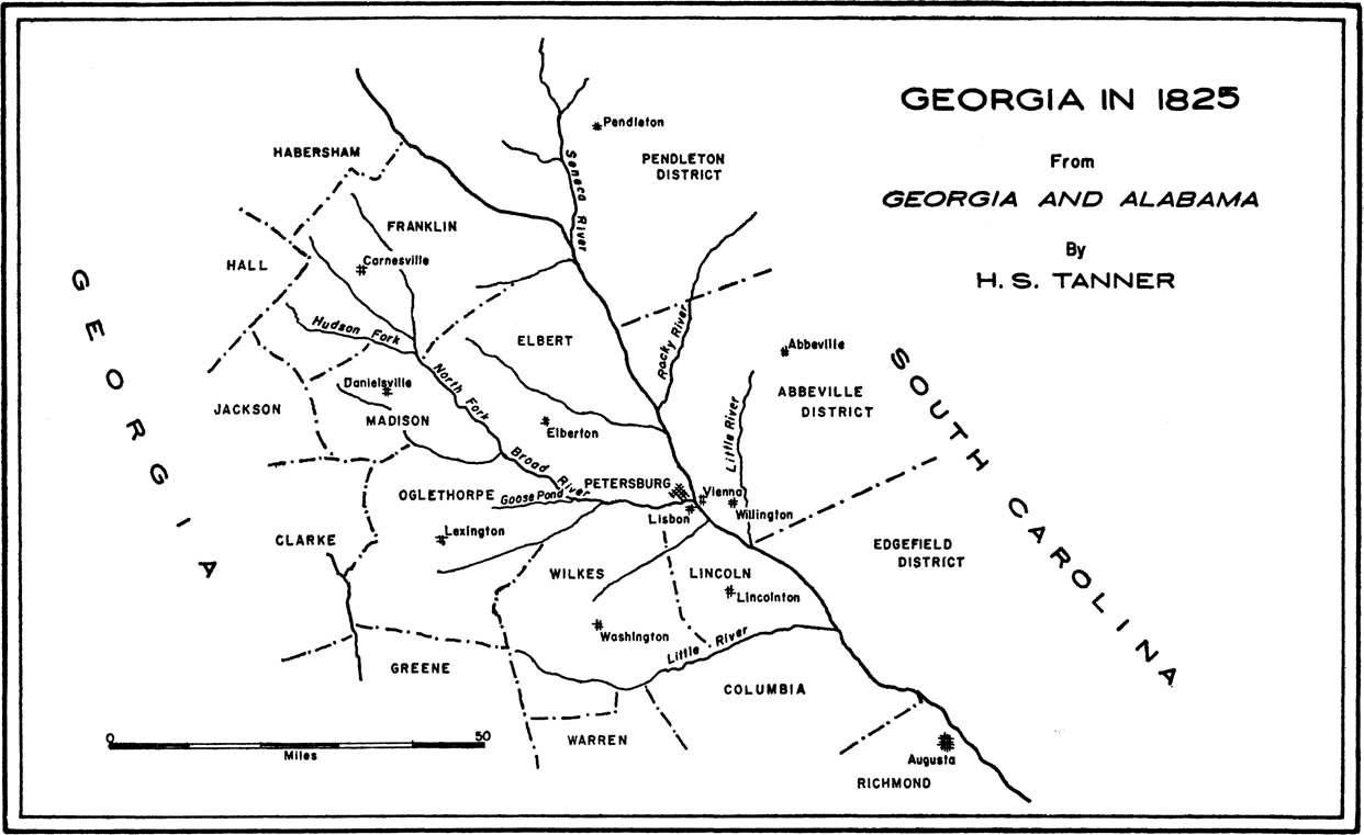 A map of the rivers in Georgia. The rivers between South Carolina and Georgia are mapped. The rivers and regions marked in the map include the Pendleton District, Seneca River, Rocky River, Abbeville District, Elbert, Petersburg, Little River, Vienna, Willington, Edgefield District, Lincoln, Goose Pond, Washington, Little River, Columbia, Augusta, Richmond, Warren, Greene, Clarke, Lexington, Oglethorpe, Broad River, Madison, Jackson, North Fork, Hudson Fork, Elbert, Franklin, Carnesville, and Habersham.