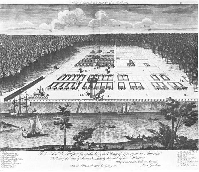 The settlement of Georgia in the Savanah is shown. A sketch portraying an aerial view of the colony of Georgia in America. It is a portion of a land with properly planned plots and buildings surrounded by tall trees on three sides, and one side is open to a waterbody with several boats sailing over it.