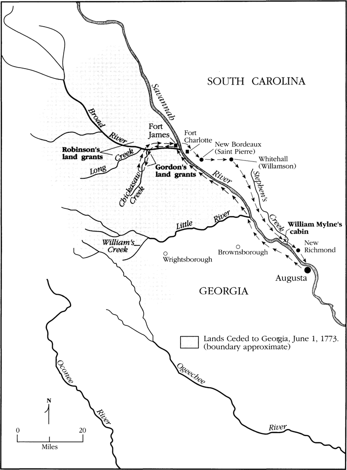 A map of the Ceded Lands in South Carolina is shown. A map marks the path of William Mylne’s journey in the Ceded Lands. The regions in South Carolina marked along the path of the journey of William Mylne includes the Savannah River, Fort James, Fort Charlotte, New Bordeaux (Saint Pierre), Whitehall (Williamson), Stephen’s Creek, New Richmond, Gordon’s land grants, Little River, Chickasaw Creek, Long Creek, Broad River, Robinson’s land grants, William’s Creek, Wrights borough, Browns borough, Ogeechee River, Oconee River, and Augusta. The legend differentiates the Lands Ceded to Georgia, June 1, 1773.