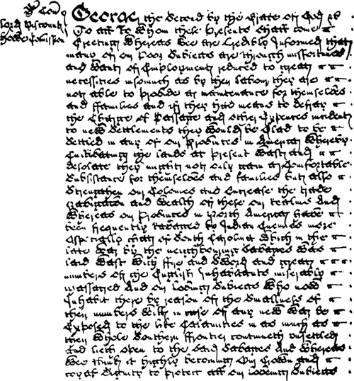 The first page of the Charter of 1732 written in the Georgian language explaining the plight of unemployment.